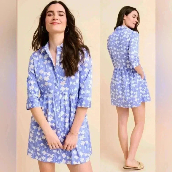 UNTUCKit Dresses & Skirts - UNTUCKit Stretch Cotton Demi Shirt Dress Blue White Floral Size XS Women's